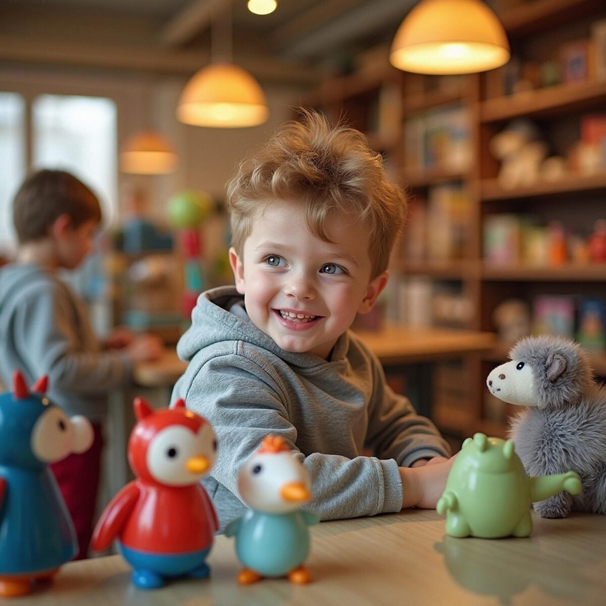 ai generated, child, toy store, happy, boy, childhood, smile, fun